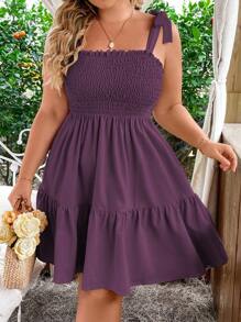 SHEIN LUNE Vestido corto casual de talla grande de unicolor con tirantes anchos y lazo - Morado - Ver 4