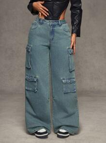 SHEIN SXY Pantalones vaqueros de carga de pierna ancha y lavados informales para mujeres - Azul - Ver 5