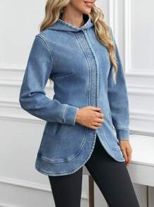 SHEIN LUNE Women's Front Zip Long Sleeve Pocket Simple Casual Denim Jacket - Blue - View 5