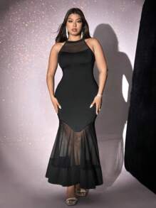 Viva Relle Vestido maxi de talla grande para mujer de unicolor elegante con cuello de malla y apliques, outfit para el Día de San Valentín