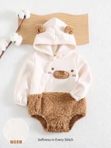 Cozy Pixies 新生儿男女宝宝可爱卡通熊图案撞色连帽长袖抓绒连体衣，保暖休闲，百搭实用，适合冬季、室内、室外、节日、圣诞节、雪天、新年等多种场合。