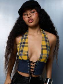 SUMWON WOMEN Punk Check Print Plunge Halter Neck Corset With Lace Up Detail - Multicolor - View 3