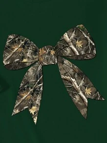 Tween Girl 圣诞休闲圆领短袖蝴蝶结印花简约上衣，日常穿着 - 墨綠色 - 查看 5