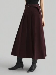 Ontre 女士 100% 羊毛中长 A 字裙，带腰带的红色褶皱中长裙，适合新年 - 酒紅色 - 查看 3