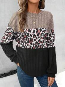 SHEIN LUNE Women's Autumn/Winter T-Shirt, Oversized Dolman Sleeve Round Neck, Leopard Print & Ribbed Panel Design, Color Blocking, Daily Casual Loose Style Graphic Cheetah Print Tees Women Tops