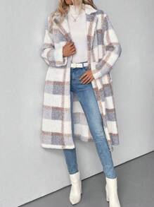 SHEIN Clasi Women Turndown Collar Single-Breasted Warm Plush Checkered Print Jacket