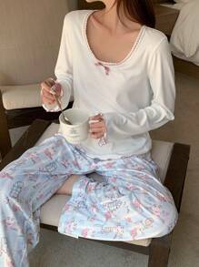 DAZY Cute Floral Lace Bow Trim Top & Loose Fit Allover Cat Print Straight Pants Sleepwear Pajama Set, Fall Winter Clothes - White - View 1