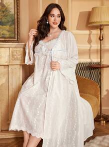 Plus Size Contrasting Satin Trim Floral Embroidery Camisole Nightgown And Robe Set - White - View 1