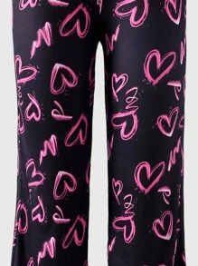 SHEIN Explorewe Pantaloni sportivi casual da ragazza adolescente per uso quotidiano, con vita elastica, stampa a cuori, pannelli in patchwork, gambe a zampa, pantaloni della tuta di moda per l'autunno e San Valentino - nero - Visualizzare 5