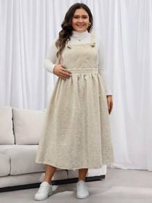 SHEIN LUNE Plus Size Solid Color Wide Strap Pleated Casual Dress Plus Size Fall Clothes Dresses For Women Thanksgiving Outfit Women New Years Women Outfit Winter Dresses Winter Clothes Women Rave Outfits - Khaki - View 3