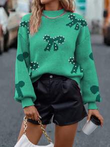 SHEIN LUNE Women's Bow Decor Stand Collar Drop Shoulder Long Sleeve Sweater For Autumn/Winter Knit Pullover Fall Sweater - Green - View 5