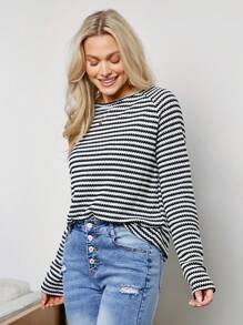 Wildy Women's Casual Loose Fit Black & White Striped Long Sleeve T-Shirt, Nautical Style, Autumn - Black and White - View 5