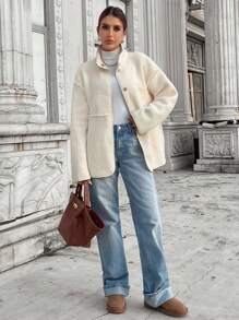 SHEIN LUNE Women Casual Fluffy Pocket Long Sleeve Jacket, Autumn/Winter Winter Women Dress