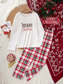 女孩圣诞快乐印花休闲睡衣套装