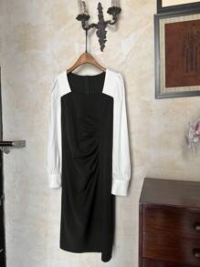 DAZY Contrast Color Splice Sweetheart Neck Ruched Waist Long Sleeve Dress For Women,Fall Clothes