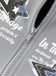 Manfinity EMRG Men's Casual Star & Slogan Print Drawstring Thermal Lined Hooded Sweatshirt, Autumn/Winter, Long Sleeve Top - Light Grey - View 5