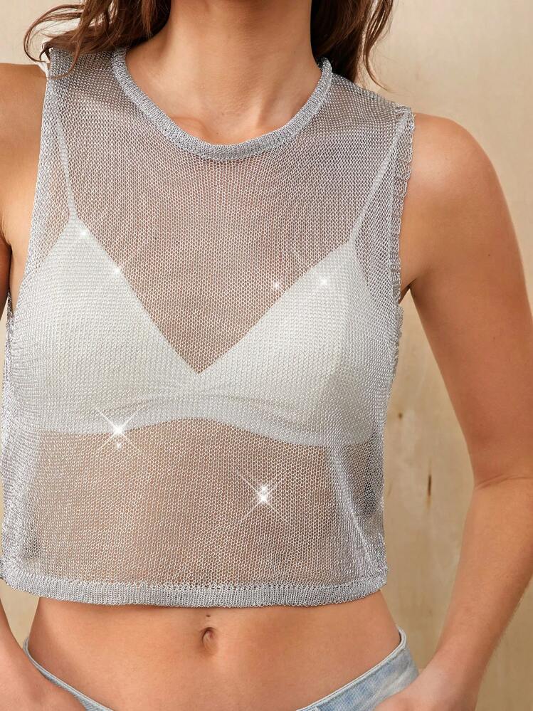 SHEIN EZwear Blusa de tejido de punto de malla transparente sin mangas con cuello redondo y color liso para mujer, ideal para el verano - Plateado - Añade 1