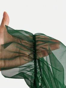 SHEIN Girlism 少女针织拼布透明网眼荷叶边领蝴蝶结泡泡袖连衣裙