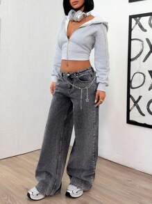 EURMUSE Low Waist Chain Detailed Wideleg Jean - Grey - View 1