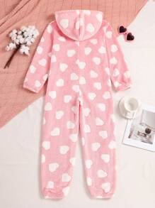 Pijama con capucha y cremallera para niñas preadolescentes con estampado de corazón grueso y forro térmico, para otoño/invierno