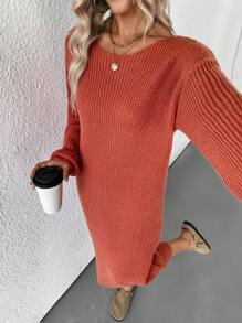 SHEIN LUNE 女士圆领珍珠装饰长裙毛衣，厚实，温暖，时尚，百搭，优雅，橙色 - 橘色 - 查看 6