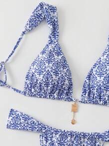 Swim Vcay Women's Summer Blue & White Porcelain Print Spaghetti Strap Metal Pendant Sexy Bikini Set - Blue and White - View 4