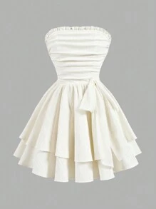 SHEIN Serisse Kids Tween Girl 纹理荷叶边蝴蝶结分层蛋糕裙连衣裙，优雅无袖收腰连衣裙，白色，法式童话风格公主裙，适合生日派对、毕业舞会、情人节 - 白色 - 查看 5