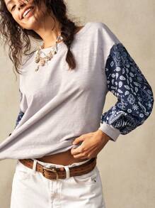 Bohemela 女士休闲针织拼布圆领 3/4 袖宽松 T 恤 - 灰色 - 查看 3