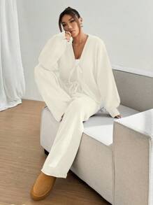 SHEIN Unity 2pcs Casual Minimalist Solid Color Sweater Sets, Slouchy Everyday Style - Beige - View 7