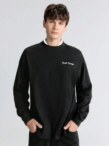 Ontre Men's Letter Print Contrast Trim Round Neck Casual Long Sleeve T-Shirt - Black - View 7