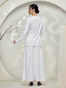 Graceveil Baju Kebaya 2pcs/Set Solid Color Button Front Long Sleeve Top And Skirt Casual Suit Modest