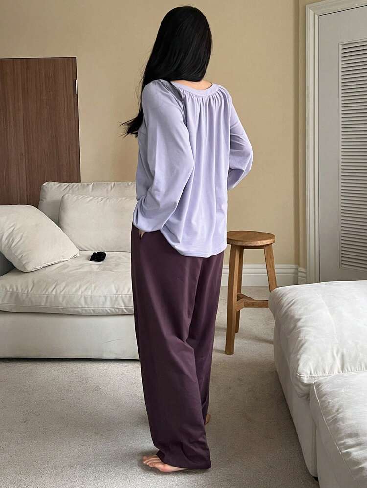 Women Pleated Design Lantern Sleeve Top And Pants Loose Pajama Set