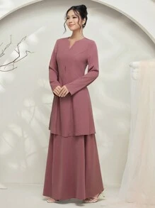 Graceveil Conjunto modesto de top de manga larga de unicolor con cuello en V y falda midi para mujer (Baju Kurung) - Púrpura polvoriento - Ver 3