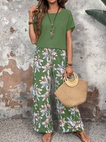 EMERY ROSE 女士纯色圆领短袖上衣和花卉印花阔腿裤套装，适合夏季两件套服装 - 橄欖綠 - 查看 6