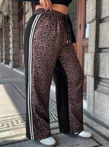 Calvaya Women's Plus Size Leopard Print Patchwork Solid Color Loose Fit Pants Fall Cloth For Women - Black - View 6