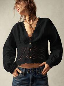 Bohemela Casual Solid Color Woven V-Neck Lantern Sleeve Lace Trim Loose Fit Women Blouse