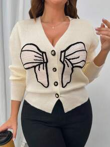 SHEIN Unity 大码女式杏色蝴蝶结针织开衫，优雅秋冬季 - 米色 - 查看 3