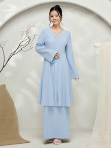 Graceveil Baju Kebaya 纯色 V 领长袖衬衫和长裙波西米亚风服装朴素