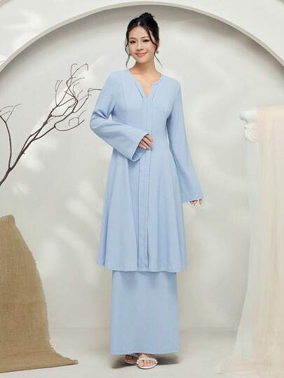 Graceveil Baju Kebaya Enfärgad V-ringad långärmad blus och lång kjol Bohemisk outfit Modest