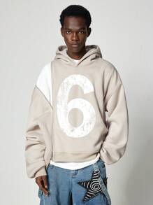 ROMWE MEN Street Life 男士休闲拉链前数字印花长袖连帽运动衫，秋季 - 卡其色 - 查看 3