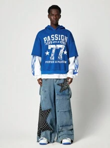 ROMWE MEN Street Life Men's Loose Short Style 2 In 1 Hoodie, Street Style - Black - View 2