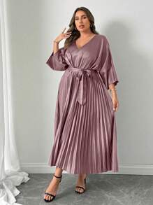 Celure Plus Size Jednolity kolor Długi rękaw Przód Wiązana Sukienka Casualowa Długa