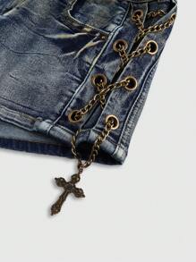 ROMWE Avant Spring/Summer Distressed Vintage Washed Metal Cross Detail Low Waist Mini Shorts - Blue - View 4