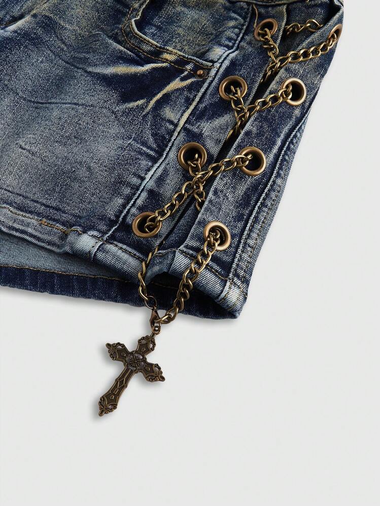 ROMWE Grunge Punk Shorts Mini Cintura Baixa com Decoração de Cruz