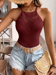 SHEIN Frenchy Women's Solid Color Contrast Lace Halter Neck Camisole Christmas Chic Red Summer New Year Burgundy Casual Valentine's Day - Burgundy - View 5