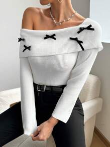 SHEIN Unity 女士秋冬翻领露肩蝴蝶结修身优雅长袖针织套头衫 - 白色 - 查看 5
