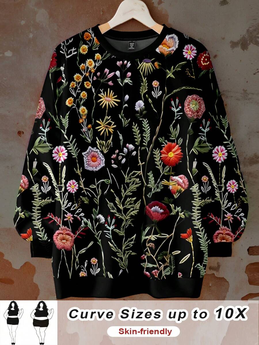 SHEIN CURVE+ Långärmad lös tröja med långärmad tröja, tröjadesign, lämplig för höst/vinter och alla hjärtans dag, kvinnor i plusstorlek - Multifärgad - Visa 1