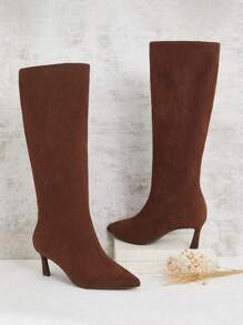 Women's Fashionable & Comfortable Point Toe Side Zipper Kitten Heel Mid-Calf Boots Spring Shoes Spring Break Easter - Brown - View 2