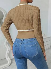 SHEIN Unity Women's Long Sleeve Twisted Cable Knit Trim Cropped Cardigan, For Autumn/Winter - Khaki - View 2