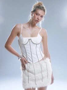 MUSERA Diamante Trim Boned Corset Top Vacation Fall Autum  Spring Summer Festival Holiday - Cream - View 1